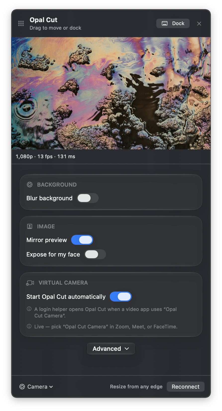 The floating Opal Cut panel: live camera preview above Background, Image and Virtual Camera settings